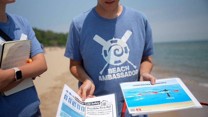 Beach ambassador team explaining longshore currents 